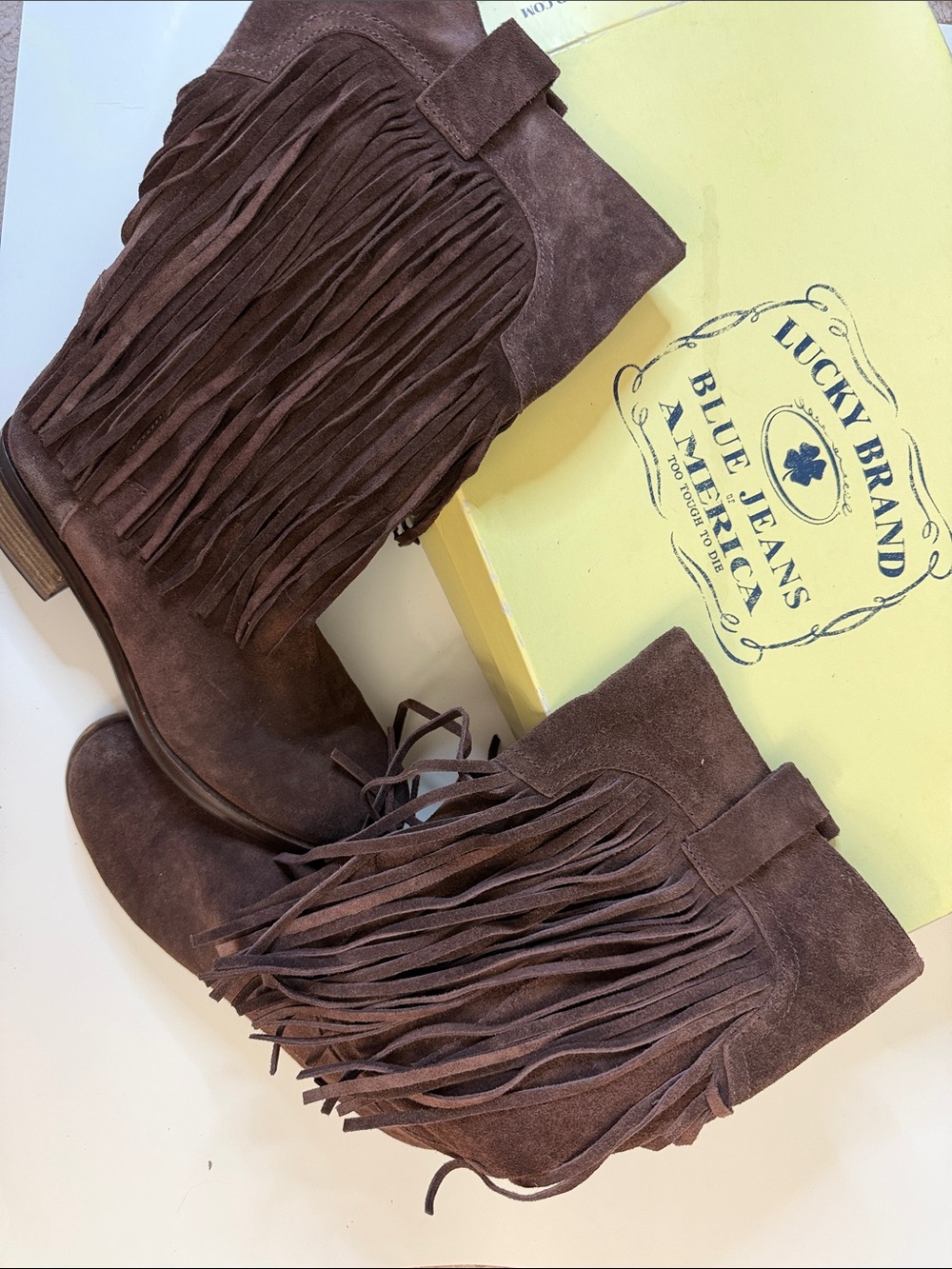 Lucky Brand Dark Brown Suede Fringe Ankle Booties